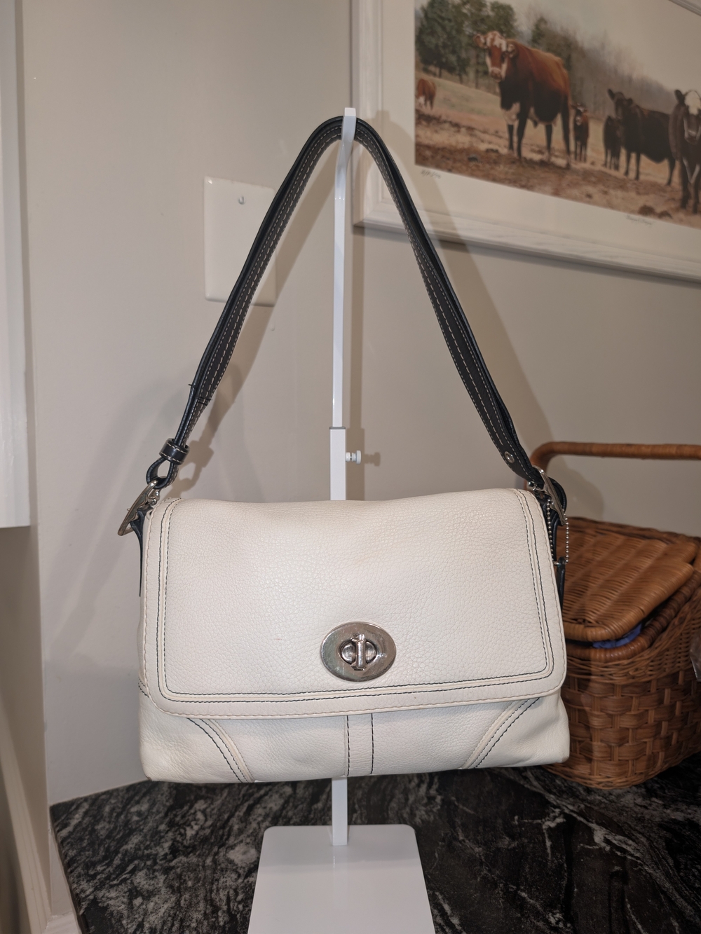 Coach Hampton Flap Turnlock Shoulder Crossbody Bag White Cream Black Pebbled Lea